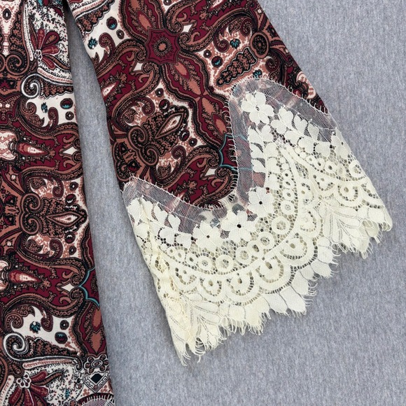 Blu Pepper Dress Womens M Burgundy Cream BOHO Vintage Lace Trim Bell Long Sleeve - Picture 6 of 14